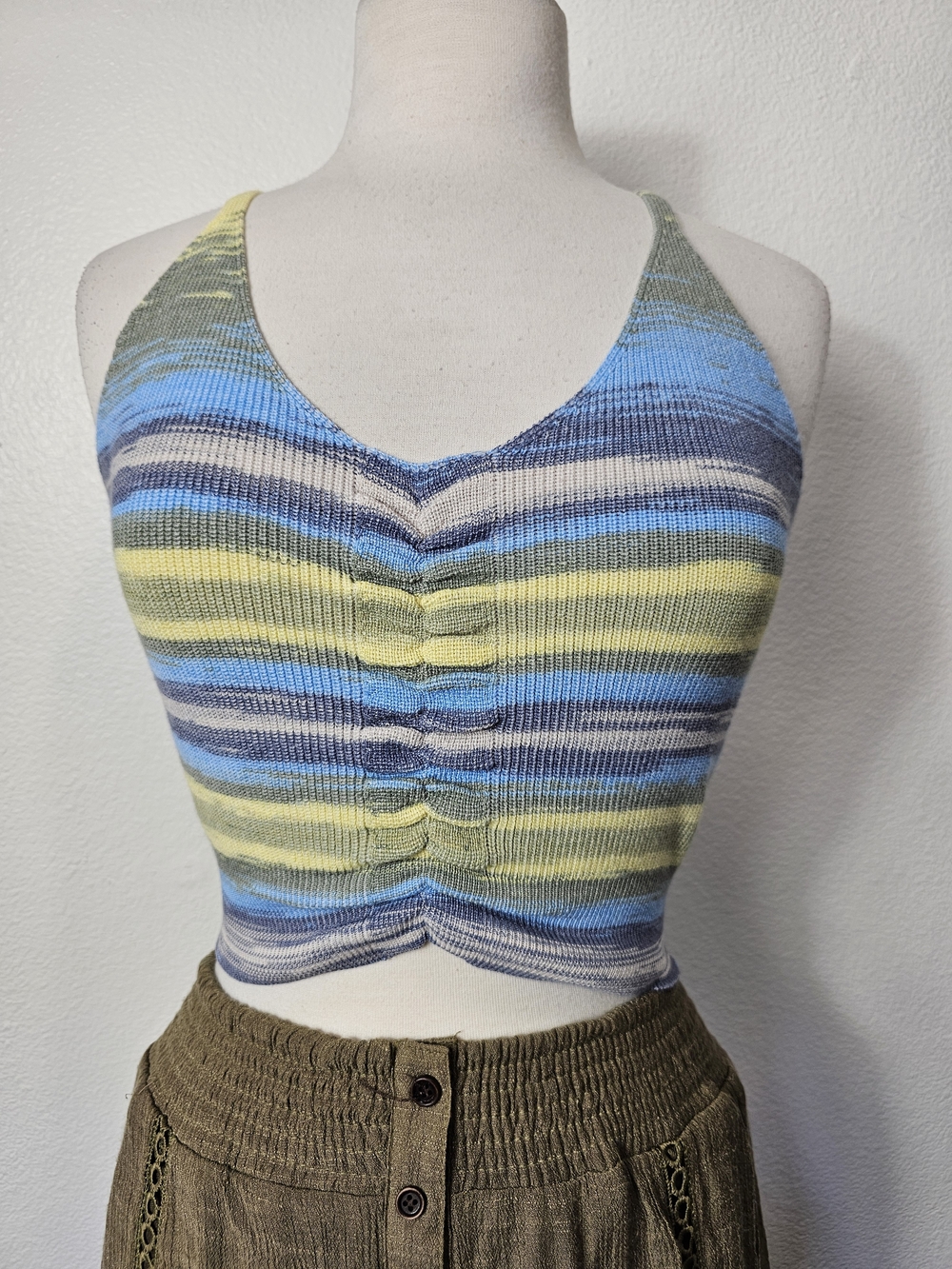 Striped Blue and Yellow Knit Crop Halter Top